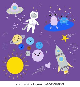 Vector set solar system with cute kids planets characters, spaceship and  astronaut, aliens or monsters, abstract space or sky elements, asteroid, stars, dots, hearts
