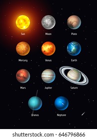 Vector set of Solar System objects: Sun, Moon, Pluto and Planets on space background