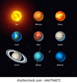 Vector set of Solar System objects: Sun and Planets on space background