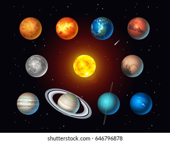 Vector set of Solar System objects: Sun, Moon, Pluto and Planets on space background