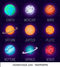 Vector set of solar system planets in cartoon style. Outer space design elements and icons.