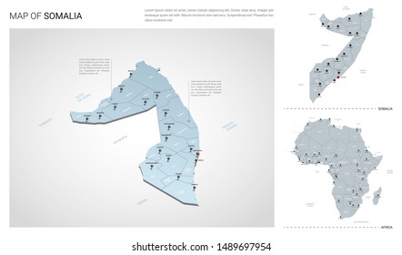 Vector set of Somalia country.  Isometric 3d map, Somalia map, Africa map - with region, state names and city names.