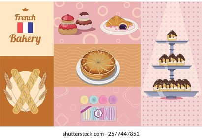 Vector set of some french bakery dishes like macaron, baguette, profiteroles, croissant, religieuse and galette