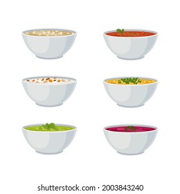 Vector Set of Soup Bowls, Different Soups, Cream Soups, Healthy Eating Icons Collection Isolated on White Background.
