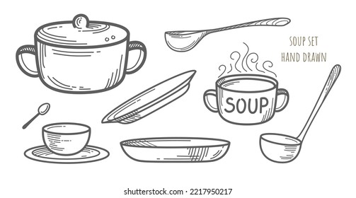 Conjunto vectorial de utensilios de sopa. Comida casera caliente. Una gran cacerola con tapa y muchos platos decorativos, tureen. Carteles de arte creativo para diseño de anuncios. Concepto de cocina gráfica plana.  