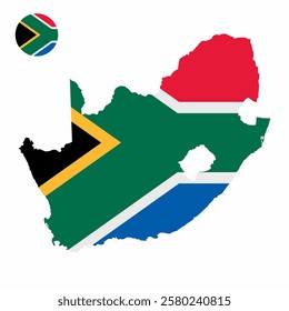 Vector set of South Africa high detailed map flag and national flag round badge isolated on white background.