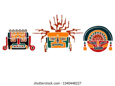 Vector Set of South America Indian Masks. Tribal Aztec, Maya, Inca Symbols. Hand Drawn Illustration.