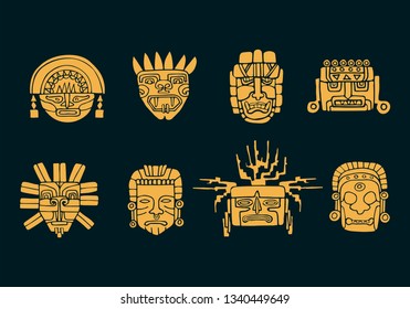 Vector Set of South America Indian Masks. Tribal Aztec, Maya, Inca Symbols. Hand Drawn Illustration.