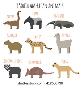 Vector set of South American animals icons. Anteater, tapir, armadillo, capybara. Flat style.