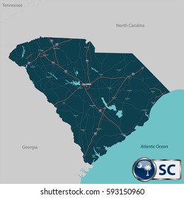 Conjunto de vectores del estado de Carolina del Sur con mapa de carreteras, ciudades y estados vecinos