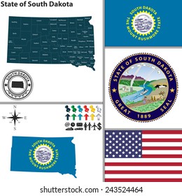 Vector set of South Dakota state with flag and icons on white background