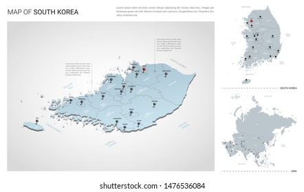 Vector set of South Korea country.  Isometric 3d map, South Korea map, Asia map - with region, state names and city names. 