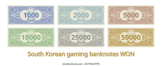 Juego de Vectores de juego de Corea del Sur. Billetes coreanos coloreados en denominaciones de 1000, 2000, 5000, 10000, 25000 y 50000 won. Colección. Escudo de armas y malla de guilloche. Anverso