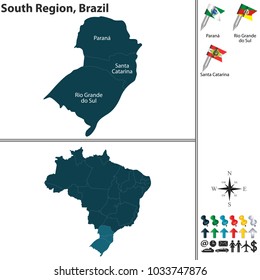 Vector set of South Region of Brazil with flags and map on white background