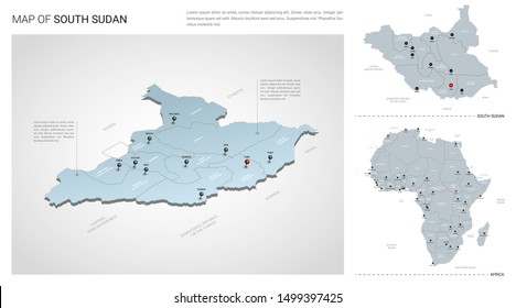Vector set of South Sudan country.  Isometric 3d map, South Sudan map, Africa map - with region, state names and city names. 
