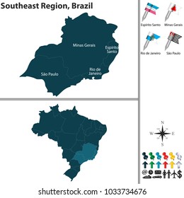 Conjunto de vectores de la región sudeste de Brasil con banderas y mapa de fondo blanco