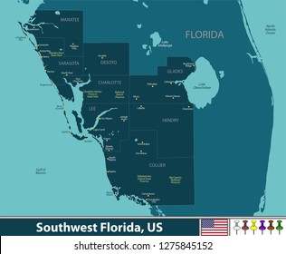 Vector set of Southwest Florida region, United States with neighboring counties