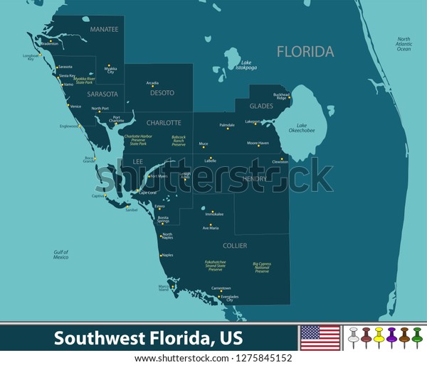 Vector set of Southwest Florida region, United\
States with neighboring\
counties