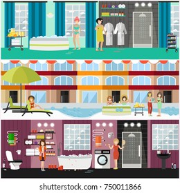 Vector set of spa aqua therapy concept posters, banners. Women taking baths and enjoying thermal water treatments, jacuzzi, aromatherapy at spa hotel, wellness centre. Flat style design.
