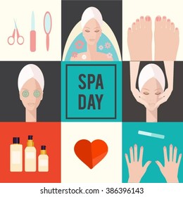Vector set of spa day. Vector flat icon of spa procedure and makeup. Vector flat design of manicure procedure. Manicure spa. 