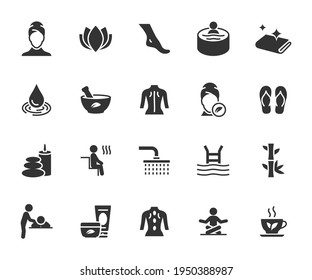 Vector set of spa flat icons. Contains icons massage, cosmetology, sauna, beauty salon, swimming pool, jacuzzi and more. Pixel perfect.