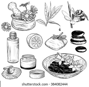 Vector set of spa illustrations, Beauty and health care sketch, organic products 