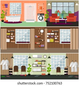 Vector set of spa interior flat concept posters, banners. Spa salon or wellness centre with furniture and accessories for spa and massages. Domestic bathroom and living room interior.