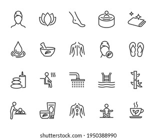 Vector set of spa line icons. Contains icons massage, cosmetology, sauna, beauty salon, swimming pool, jacuzzi and more. Pixel perfect.