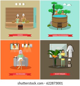 Vector set of spa procedures concept posters, banners. Sauna, Barrel for swimming, Face masks and Body wraps design elements in flat style.