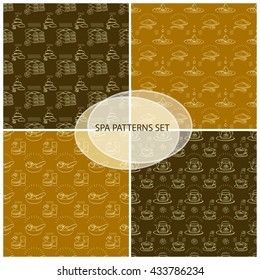 Vector set spa themed seamless patterns with signs oil, stone, candle, mask, tea, towel, cup, mortar and pestle on dark and golden background.