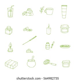 Vector. Set of Spa therapy beauty health skin care. Illustration of alternative medicine. Sketch icons on white background.