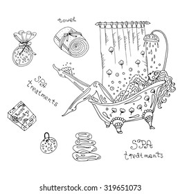 Vector set for Spa treatments. Various objects: bathroom, girl in the bath, foam, sponge, soap, stones for Spa, sea salt, towel. Black lines on a white background