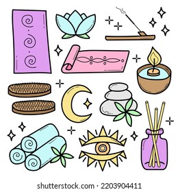 Vector set of spa and yoga icons. Sketch or doodle style on white. Colored elements for the design of the application, website, flyers