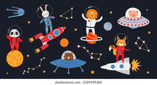 Vector set of space animals. Cute animals in spaceships, on rockets. Satellites, planets, constellations in flat style. Children's banner, greeting card, print. Isolated objects. .