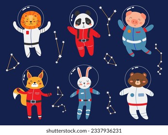 Vector set of space animals in spacesuits. Panda, rabbit, bear, squirrel, pig, lion, constellations in flat style. Concept for children's banner, greeting card. Cute cartoon print.