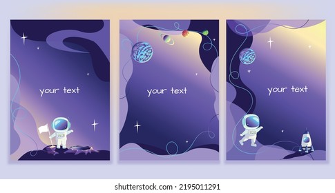 Vector set of space backgrounds with planets in the starry sky, astronaut and rocket in cartoon style and copy space for text.