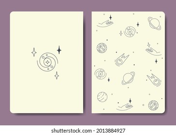 Vector set of space covers for planner and notebooks, first and last a5 page. Set of spiritual and esoteric, magic theme template