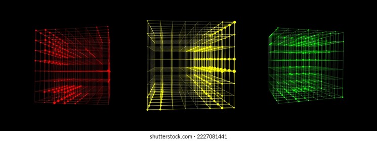 Vector set space cube. Network connection structure cyberspace with moving particles in closed room. Big data visualization. Abstract cyber security background.