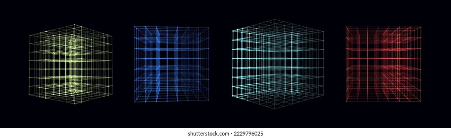 Vector set space cube. Network connection structure cyberspace with moving particles in closed room. Big data visualization. Abstract cyber security background.