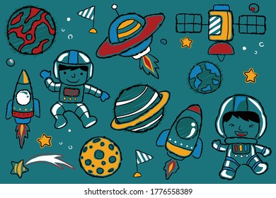 Vector set of space elements cartoon with little astronaut in hand drawn styles
