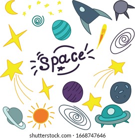 vector set of space elements for kids in doodle style