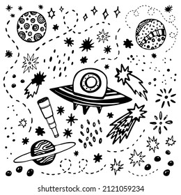 Vector set of space elements: rocket, spaceship, shooting stars, Moon, Mars, Saturn, Neptune, Mercury, spyglass, confetti and hand drawn curved dashed line