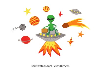 Vector set of space elements. UFO, alien, spaceship, comet, planets, stars, space, asteroid, bolide. Comic cartoon illustrations isolated on white.   Concepts for children print.