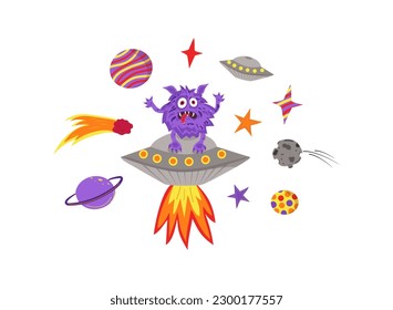 Vector set of space elements. UFO, alien, spaceship, comet, planets, stars, space, asteroid, bolide. Comic cartoon illustrations isolated on white.   Concepts for children print.