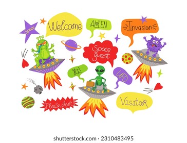Vector set of space elements. UFO, alien, spaceship, comet, planets, stars, space, asteroid, bolide. Comic cartoon illustrations isolated on white.   Concepts for children print.
