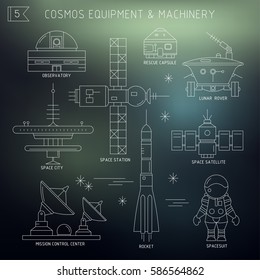 Vector set of space equipment, machinery. Observatory, rescue capsule, lunar rover, space city, station, satellite, mission control center, rocket, spacesuit in the dark. For poster, website, postcard
