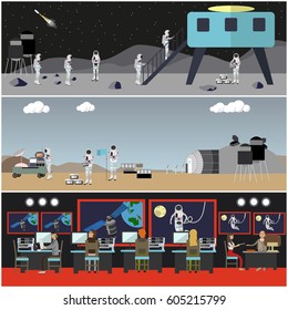 Vector set of space exploration concept posters, banners. Mission control center, astronauts in outer space, landing on Mars and on the Moon, space technologies in flat style.