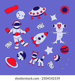 Vector set of space explorers. UFO, spaceship, satellite and astronaut. Various cartoon star constellations and planets.