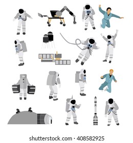 Vector set of space icons in flat style isolated on white background. Astronauts in Space suit, moon space station, rocket, moon rover.