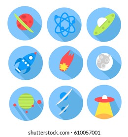 Vector set of space icons in flat style on a blue background. Planets, UFO's, comet, rocket, cosmos.